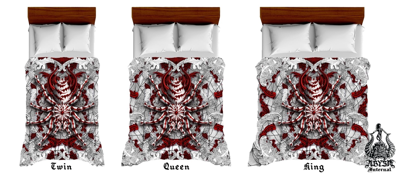 Gothic Spider Bedding Set, Comforter and Duvet, Bed Cover and Bedroom Decor, King, Queen and Twin Size - Tarantula Bloody White Goth - Abysm Internal
