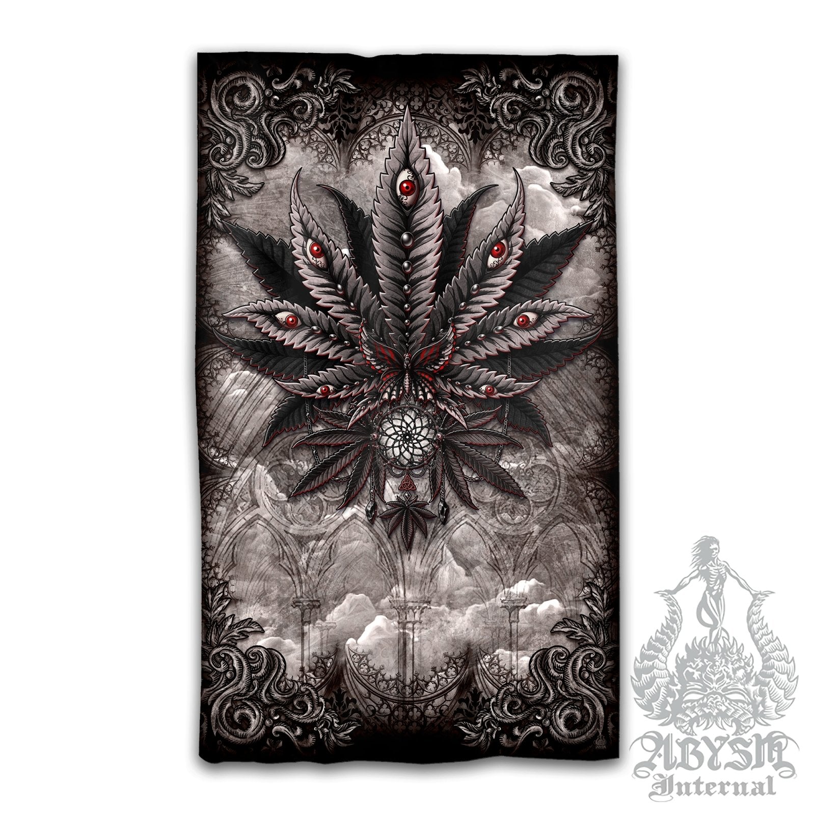 Gothic Weed Blackout Curtains, Cannabis Home and Shop Decor, Long Window Panels, Indie 420 Room Art Print - Horror Grey - Abysm Internal