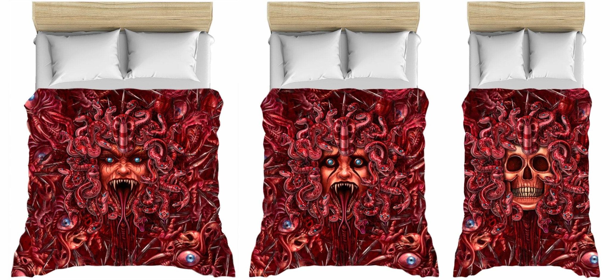 Horror Bedding Set, Comforter and Duvet, Medusa Skull, Halloween Bed Cover and Bedroom Decor, King, Queen and Twin Size - 3 Faces - Abysm Internal