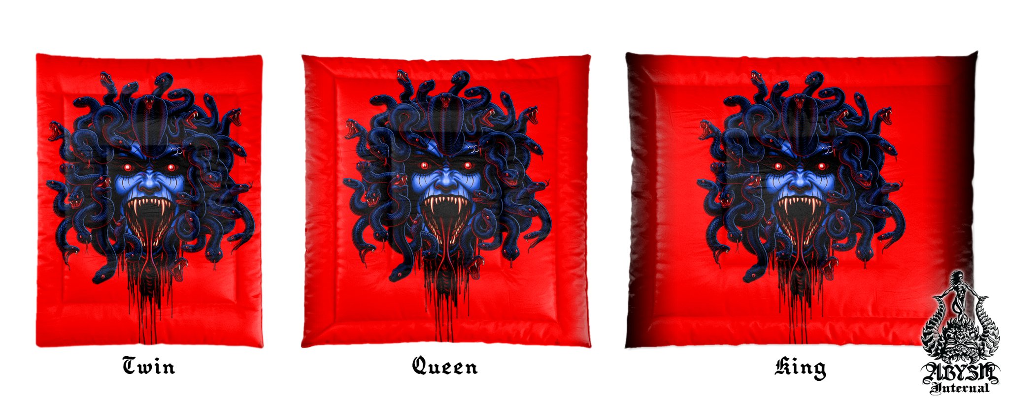 Horror Bedding Set, Red Comforter or Duvet, Gothic Neon Medusa, Goth Bed Cover, Bedroom Decor, King, Queen & Twin Size - 3 Faces - Abysm Internal
