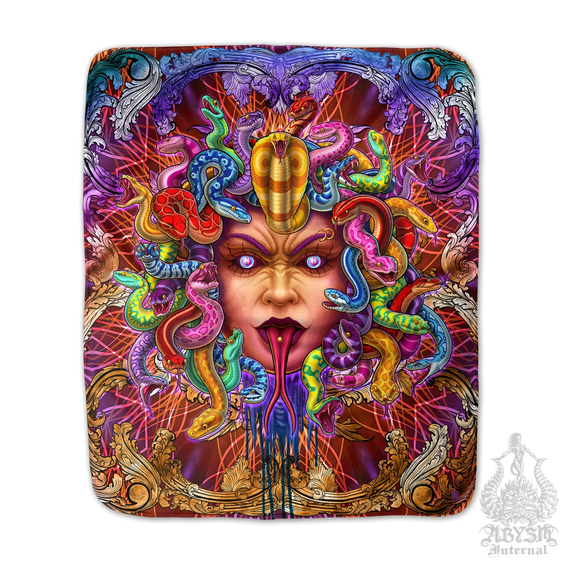 Indie Sherpa Fleece Throw Blanket, Eclectic & Alternative Decor, Eclectic and Funky Gift - Psychedelic Medusa, 2 Faces - Abysm Internal
