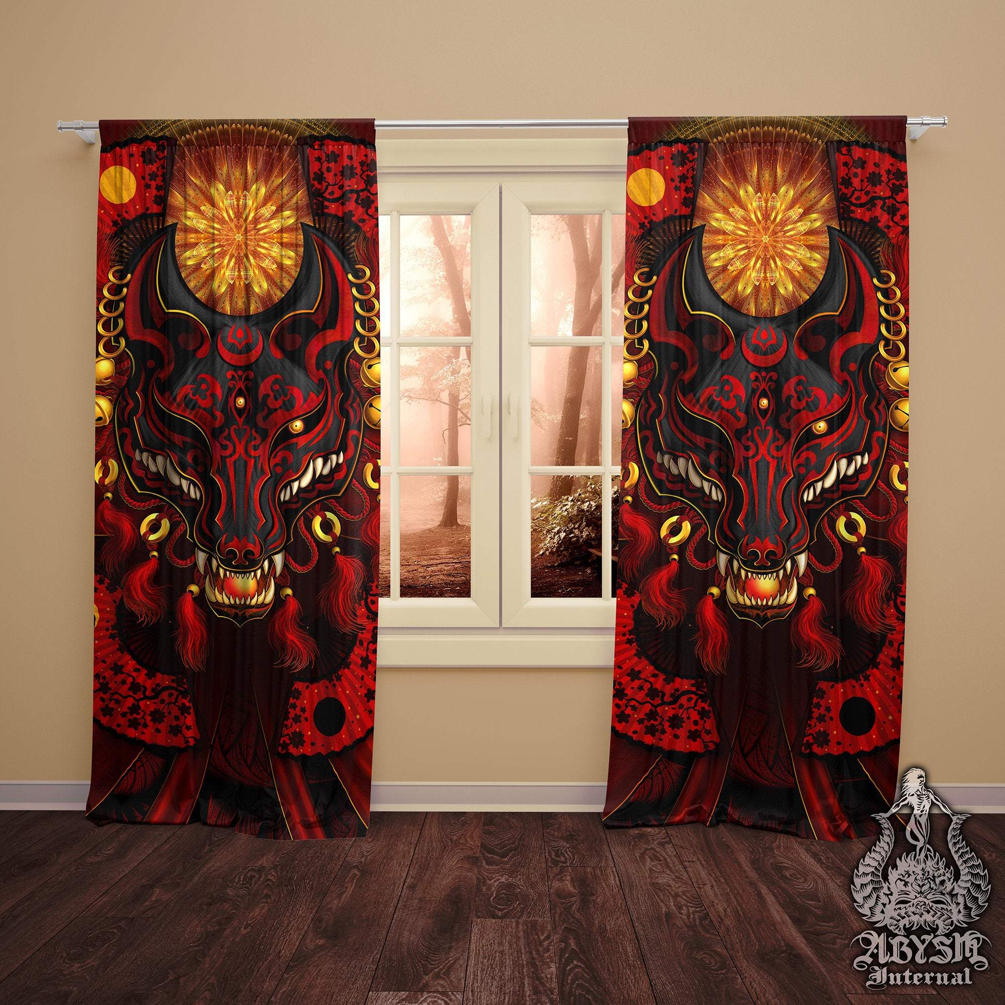 Black Kitsune Curtains 50x84 Printed Window Panels Japanese Fox Gamer Room Decor Anime Art 8238