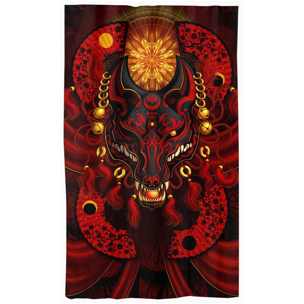 Black Kitsune Curtains 50x84 Printed Window Panels Japanese Fox Gamer Room Decor Anime Art 8808