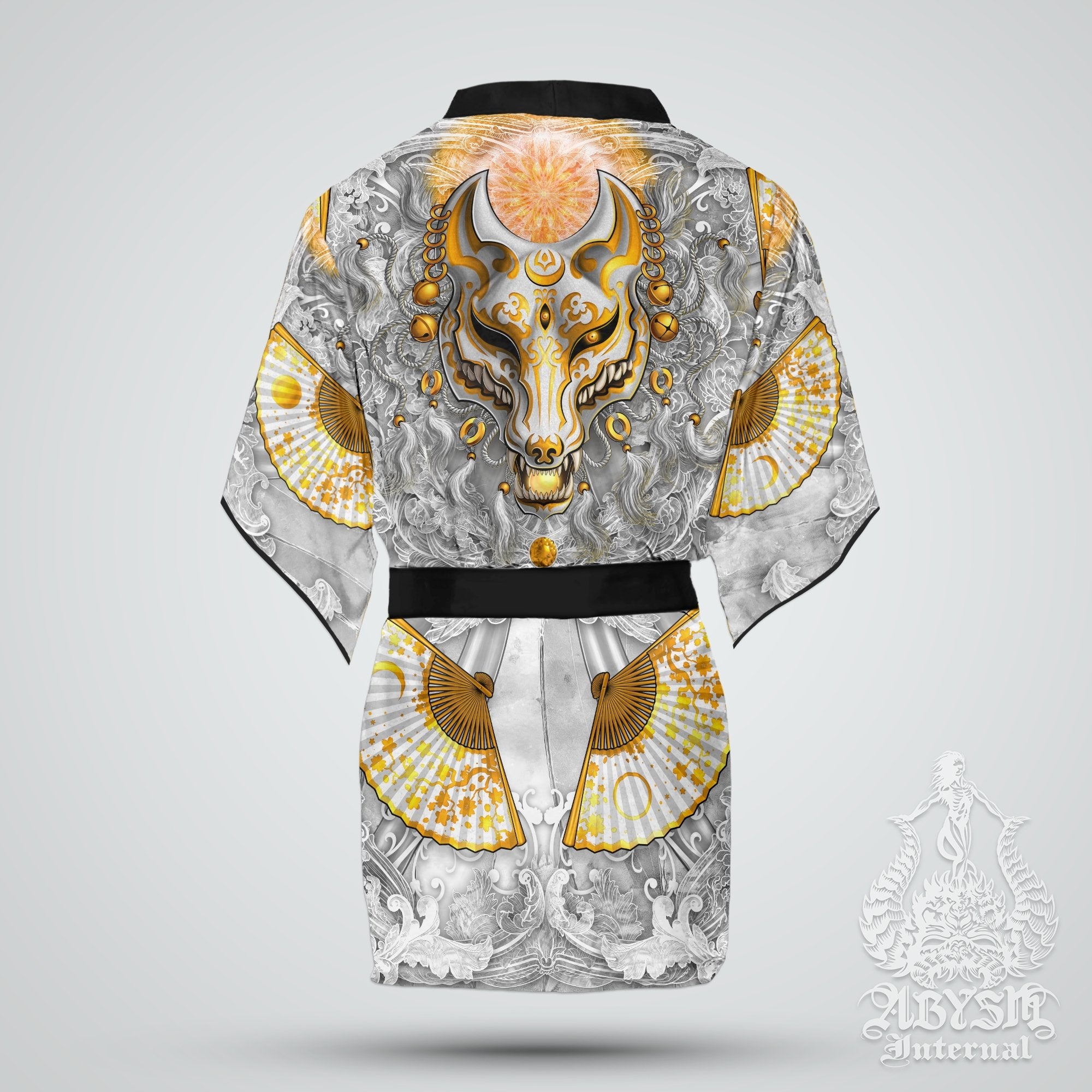 White Kitsune Short Kimono Robe, Beach Party Outfit, Japanese Coverup,  Summer Festival, Indie and Alternative Clothing, Unisex - Fox Mask, Gold |  Abysm Internal