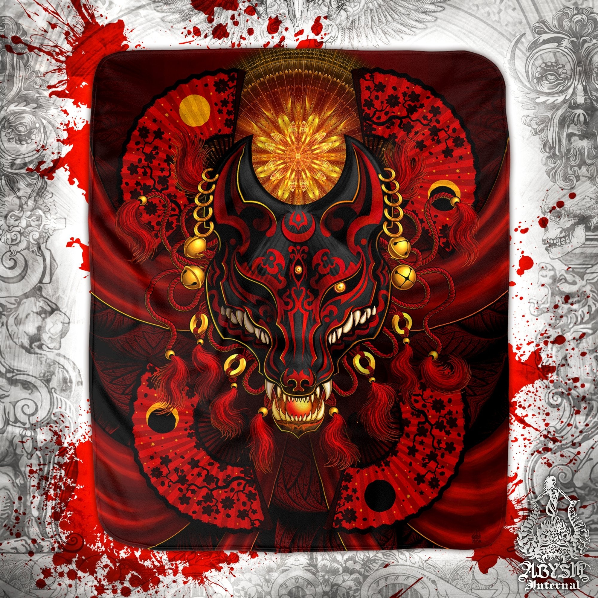 Kitsune Throw Fleece Blanket, Okami, Japanese Fox Mask, Anime and Gamer Decor, Eclectic and Funky Gift - Red & Black - Abysm Internal