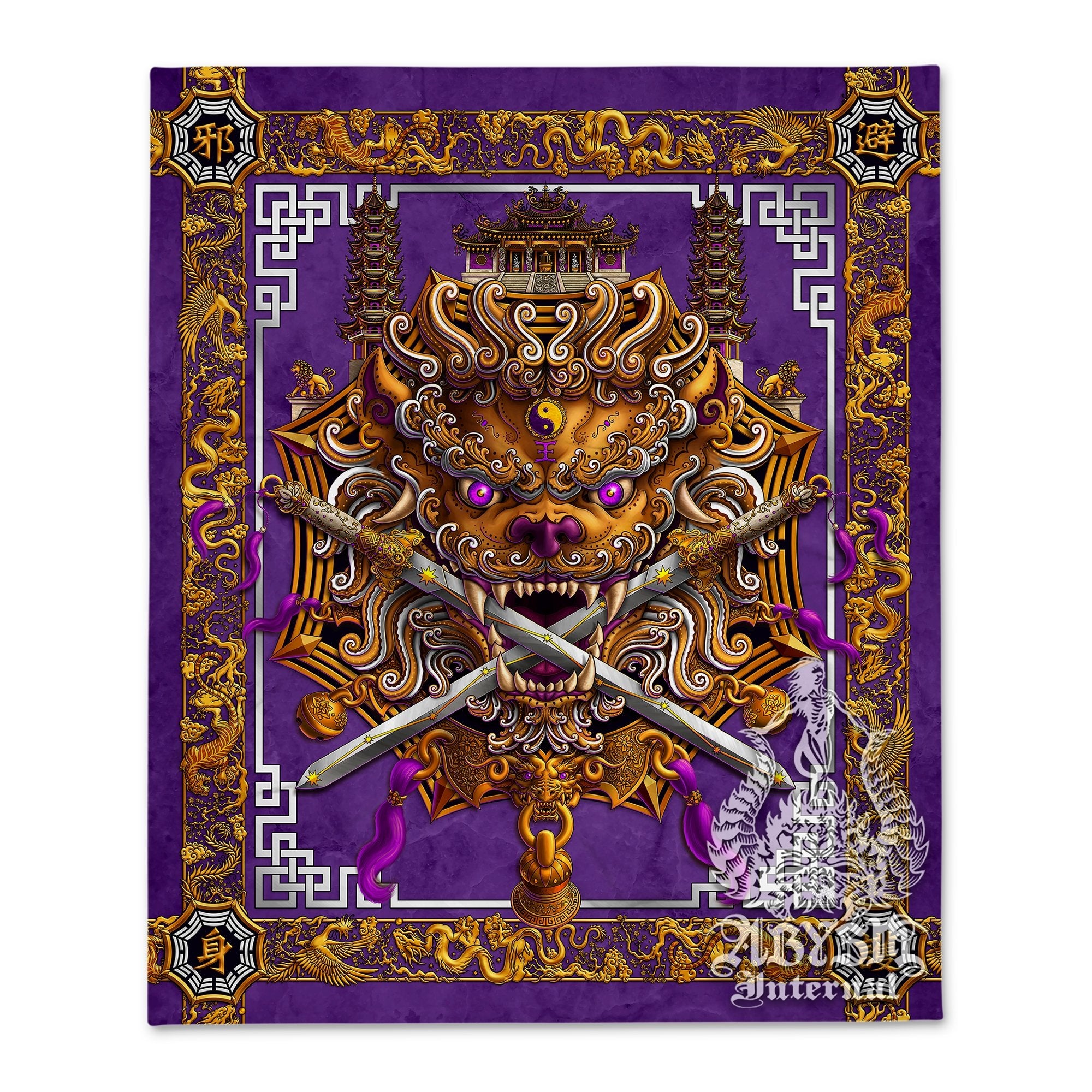 Lion Tapestry, Taiwan Sword Lion, Chinese Wall Hanging, Gamer Home Decor, Asian Mythology - Purple, White and Gold - Abysm Internal