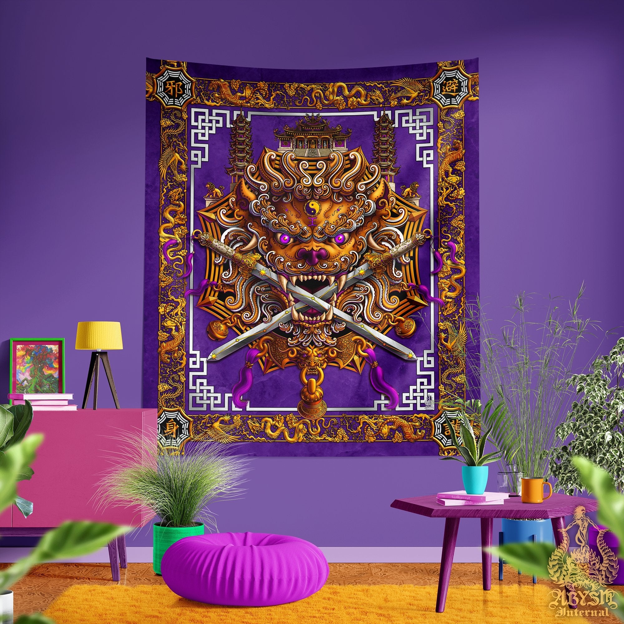 Lion Tapestry, Taiwan Sword Lion, Chinese Wall Hanging, Gamer Home Decor, Asian Mythology - Purple, White and Gold - Abysm Internal