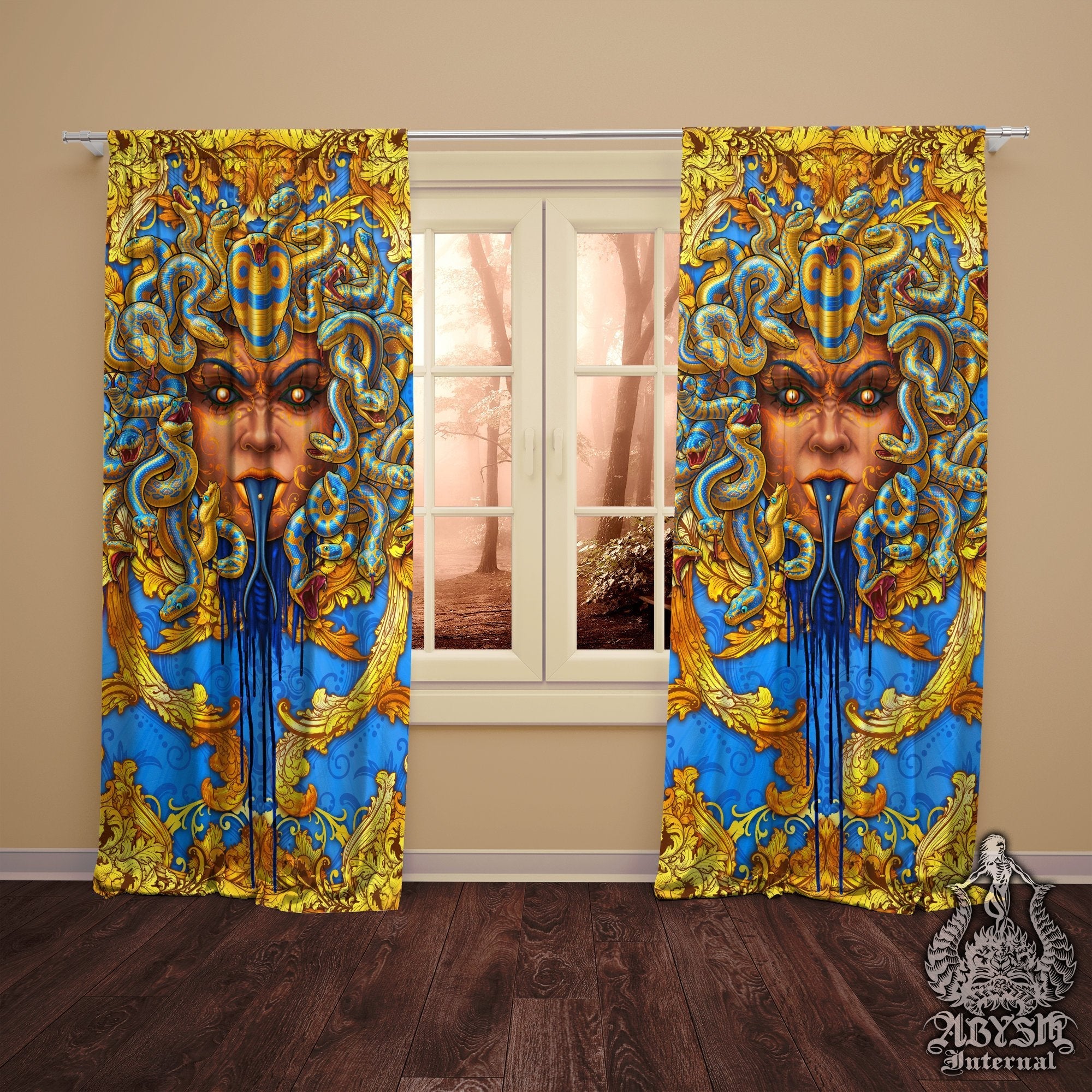 Medusa Blackout Curtains, Long Window Panels, Baroque Art Print, Vintage Room Decor, Funky and Eclectic Home Decor - Cyan & Gold Snakes - Abysm Internal