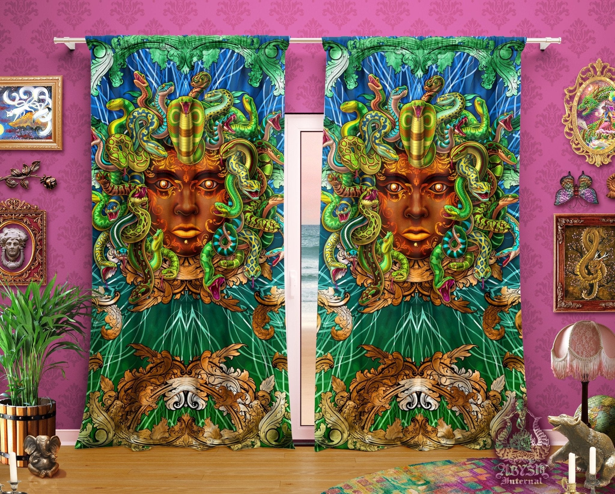 Medusa Blackout Curtains, Long Window Panels, Boho Room Decor, Pagan Art Print - Nature, Green Snakes - Abysm Internal