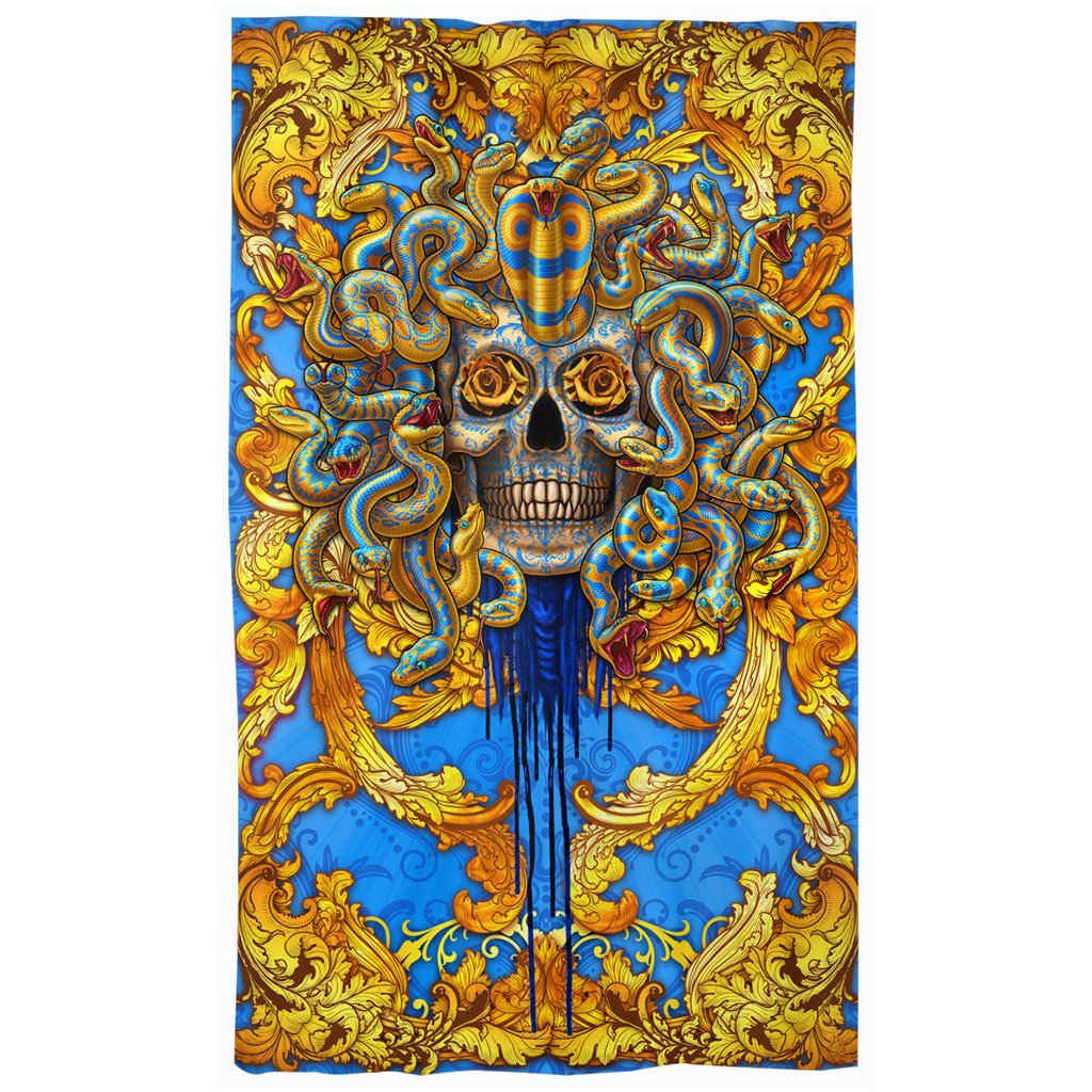 Medusa Curtains, 50x84' Printed Window Panels, Baroque Art Print, Vintage Room Decor, Funky and Eclectic Home Decor, Skull Art - Cyan Blue & Gold Snakes, 2 Faces - Abysm Internal