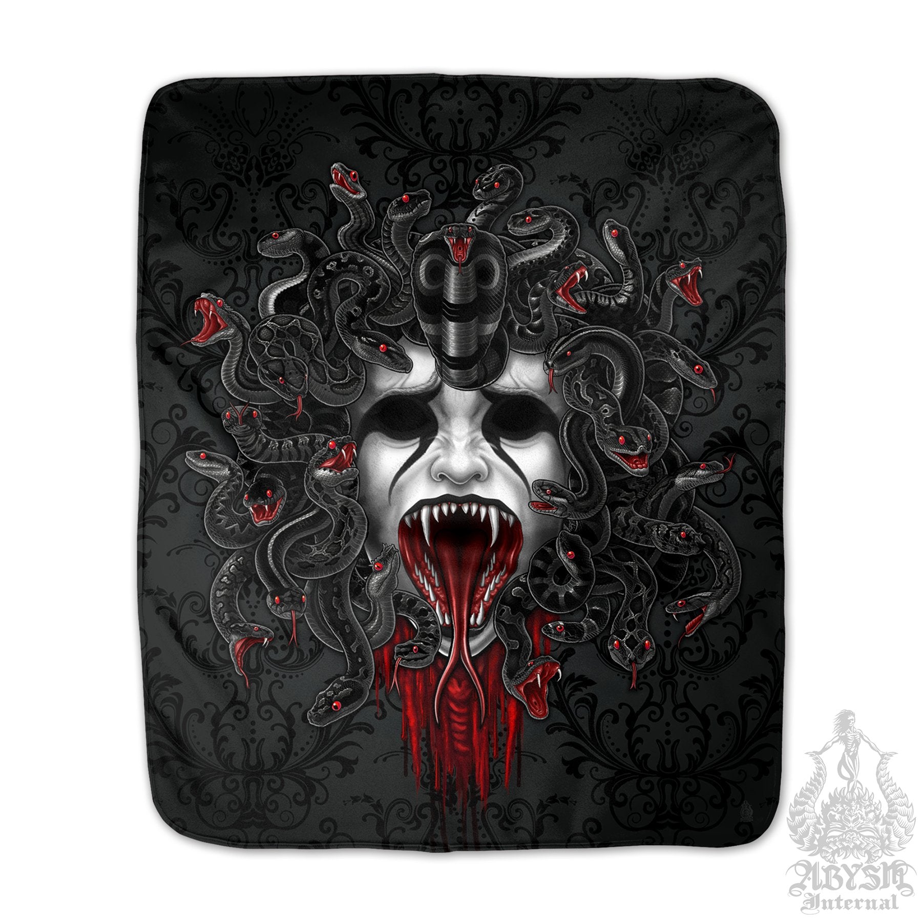Medusa Sherpa Fleece Throw Blanket, Nu Goth Skull Home Decor, Alternative Art Gift, Horror Print - 2 Faces & 3 Colors - Abysm Internal