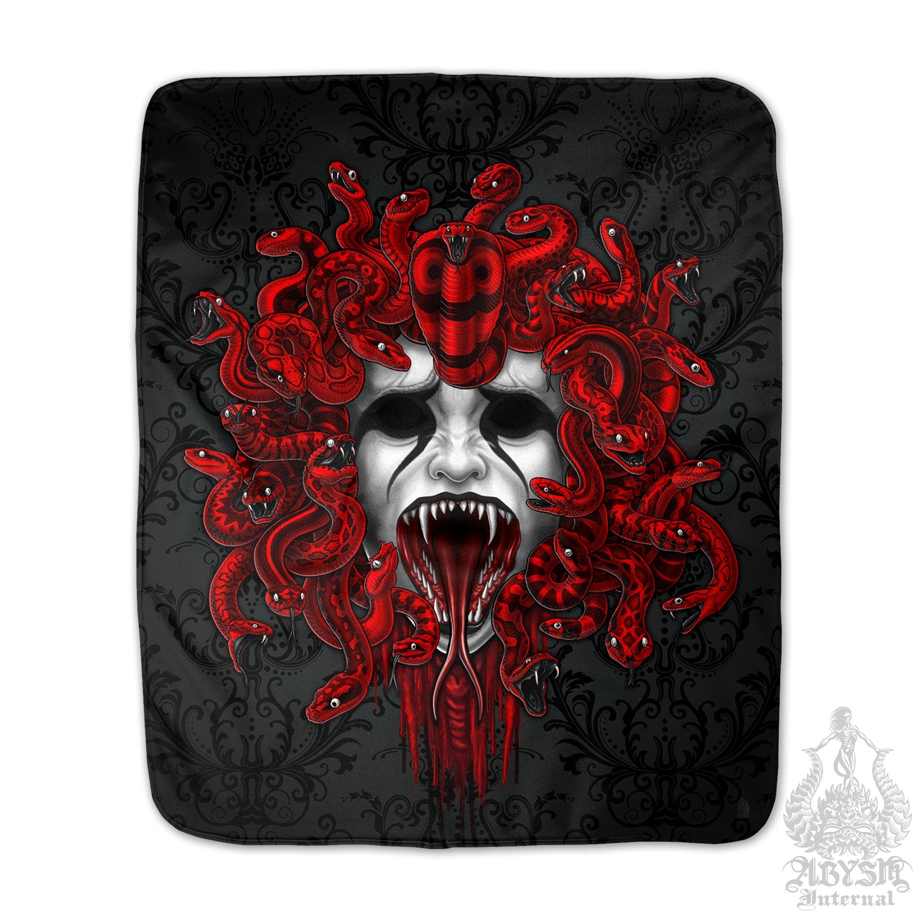 Medusa Sherpa Fleece Throw Blanket, Nu Goth Skull Home Decor, Alternative Art Gift, Horror Print - 2 Faces & 3 Colors - Abysm Internal