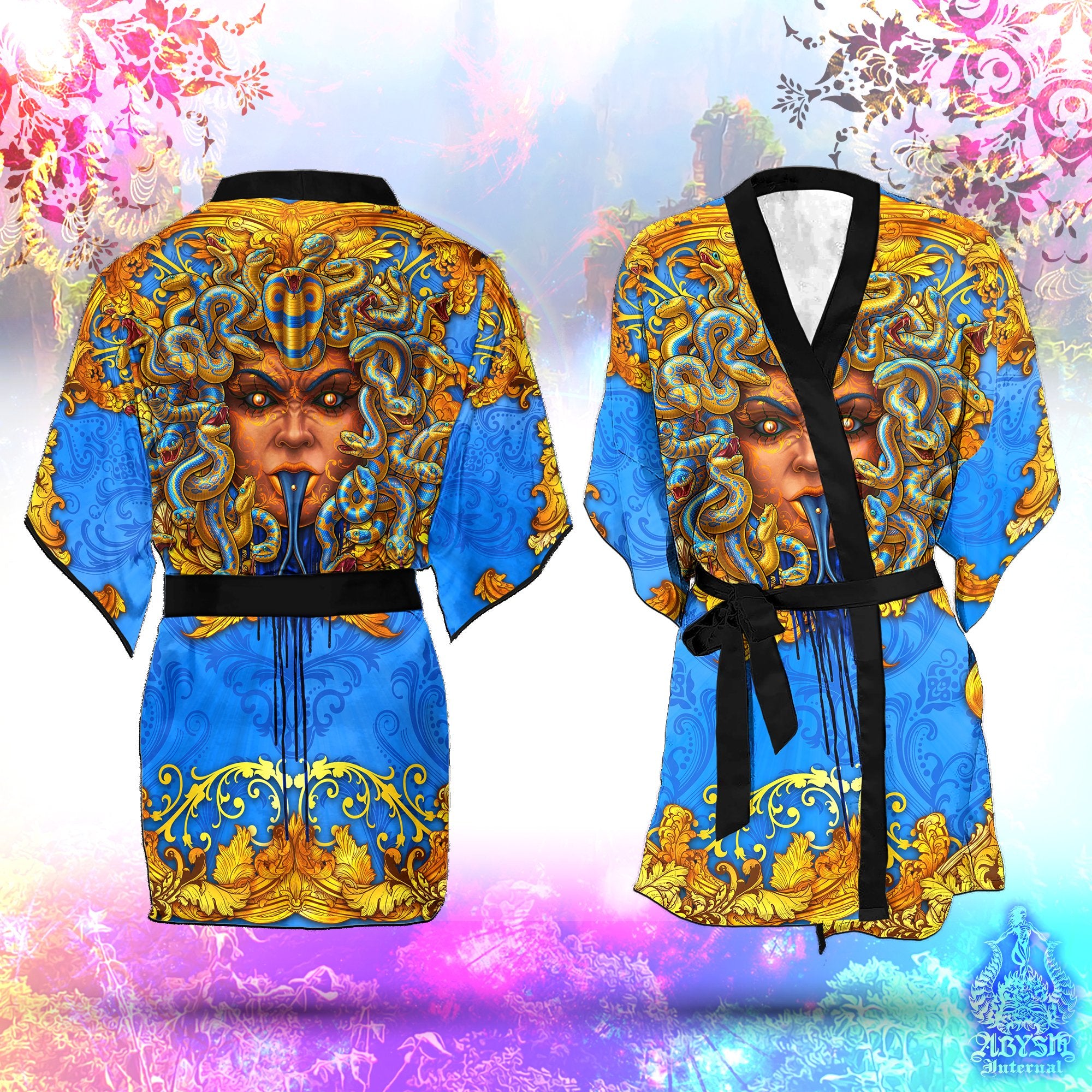 Medusa Skull Short Kimono Robe, Beach Party Outfit, Coverup, Summer Festival, Indie Clothing, Unisex - Cyan Blue Gold - Abysm Internal