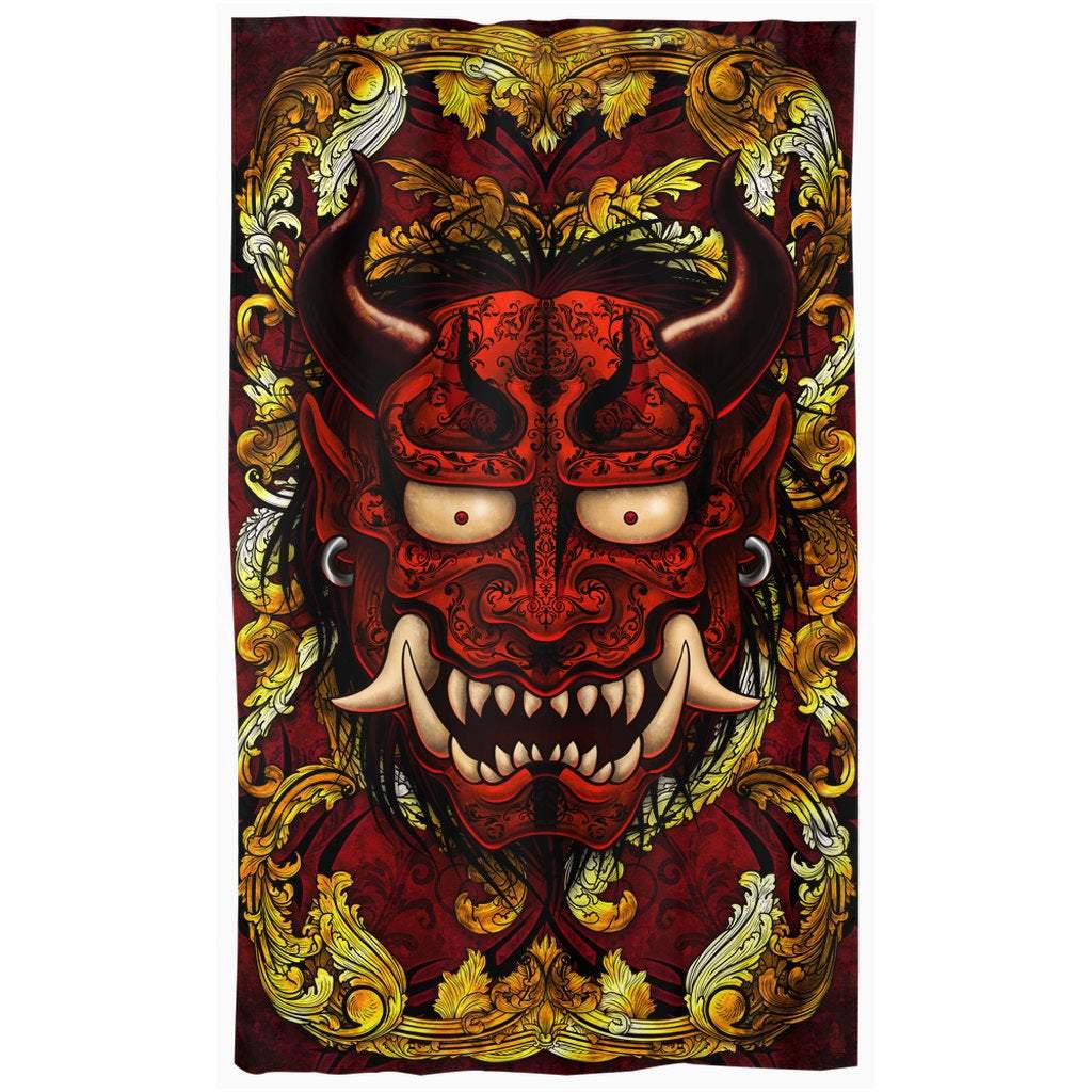 Oni Blackout Curtains, Long Window Panels, Japanese Demon, Dark Fantasy Decor, Art Print - Gold & Red - Abysm Internal