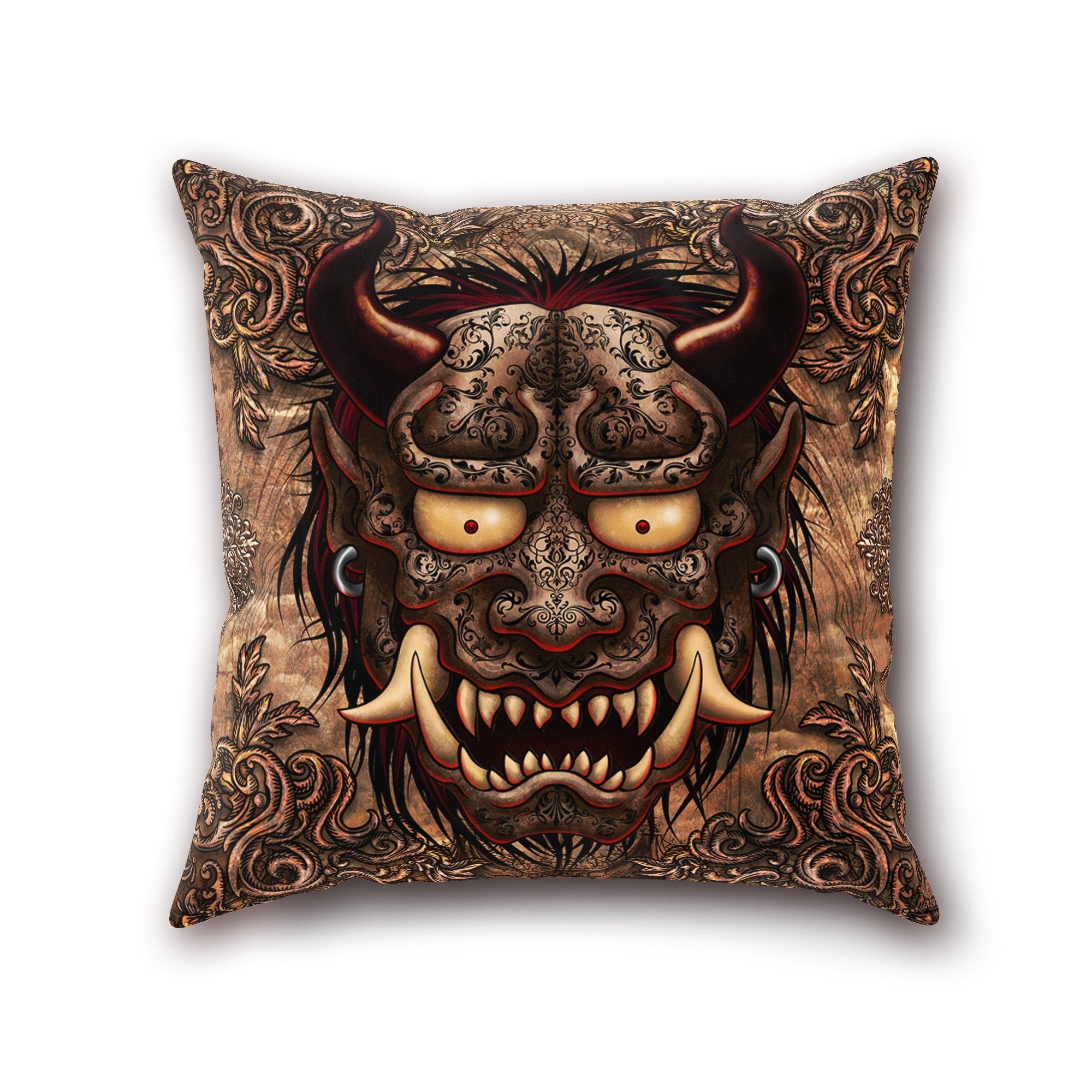 Oni Throw Pillow, Decorative Accent Cushion, Hannya, Japanese Demon, Gothic Room Decor, Alternative Home - Beige - Abysm Internal