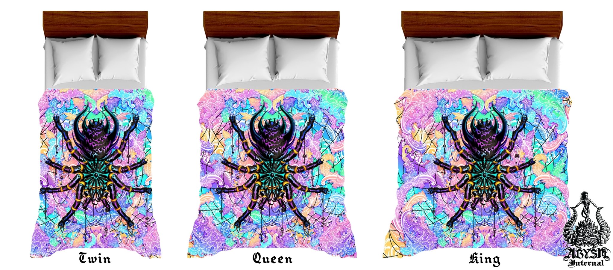 Pastel Punk Black Bedding Set, Comforter and Duvet, Bed Cover and Bedroom Decor, King, Queen and Twin Size - Tarantula Spider, Holographic Style - Abysm Internal