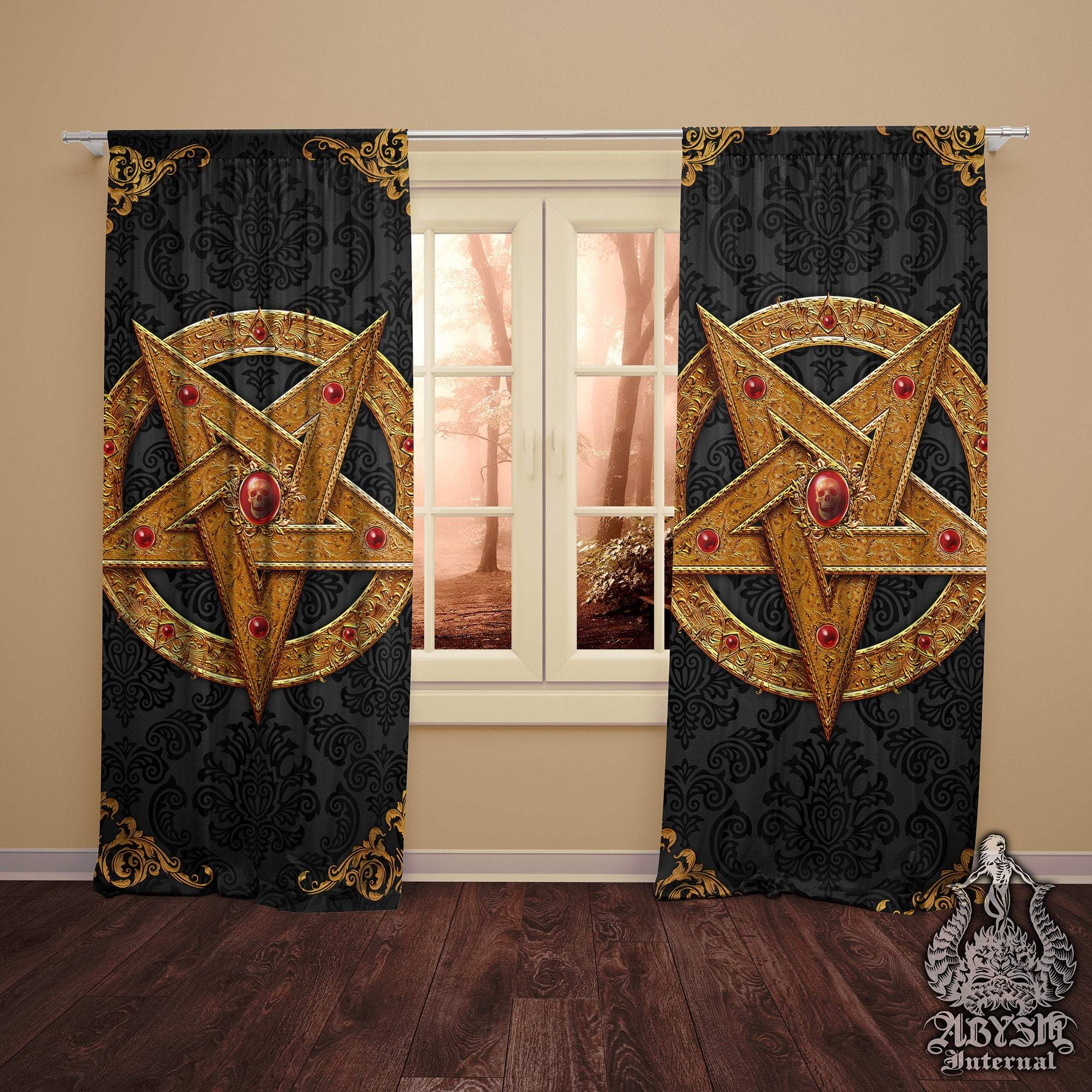 Red Pentagram Curtains, Satanic Art, 50x84' Printed Window Panels