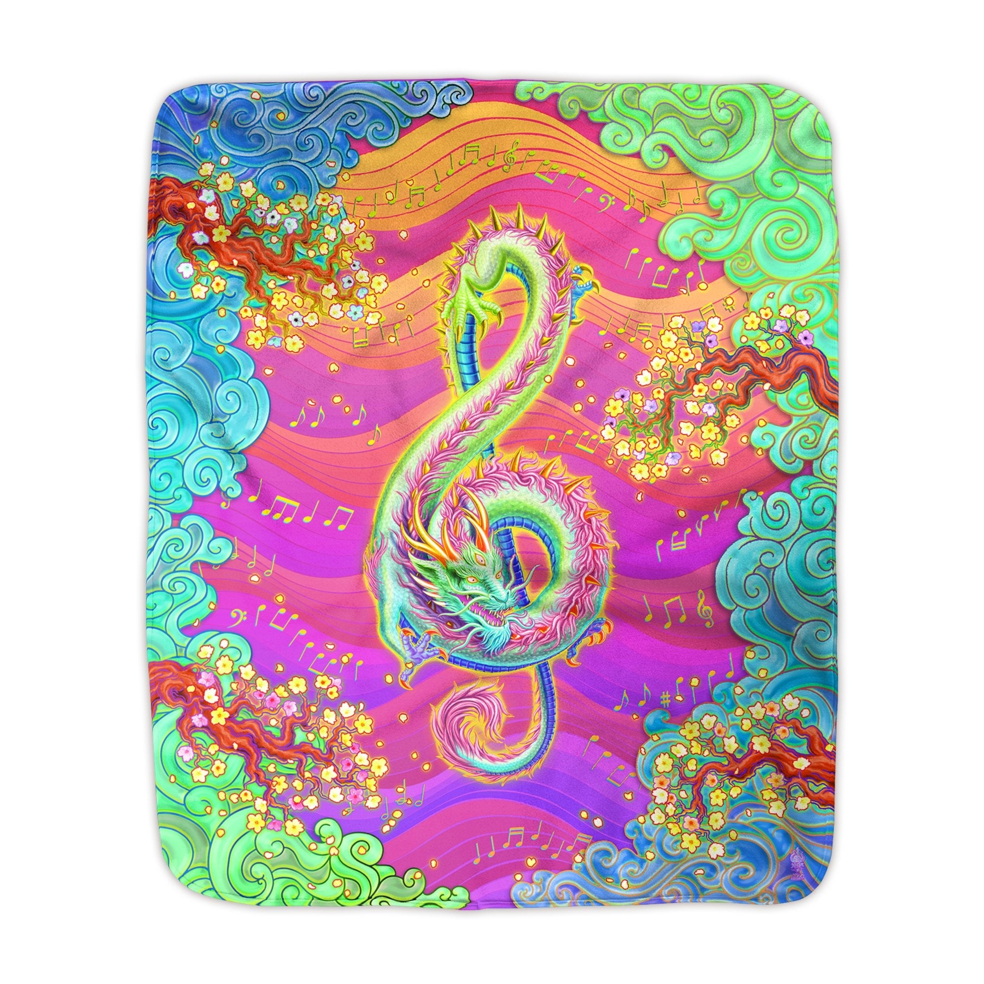 Psy Dragon Throw Fleece Blanket, Treble Clef, Music Art, Chinese Decor, Eclectic and Funky Gift - Psychedelic Neon - Abysm Internal