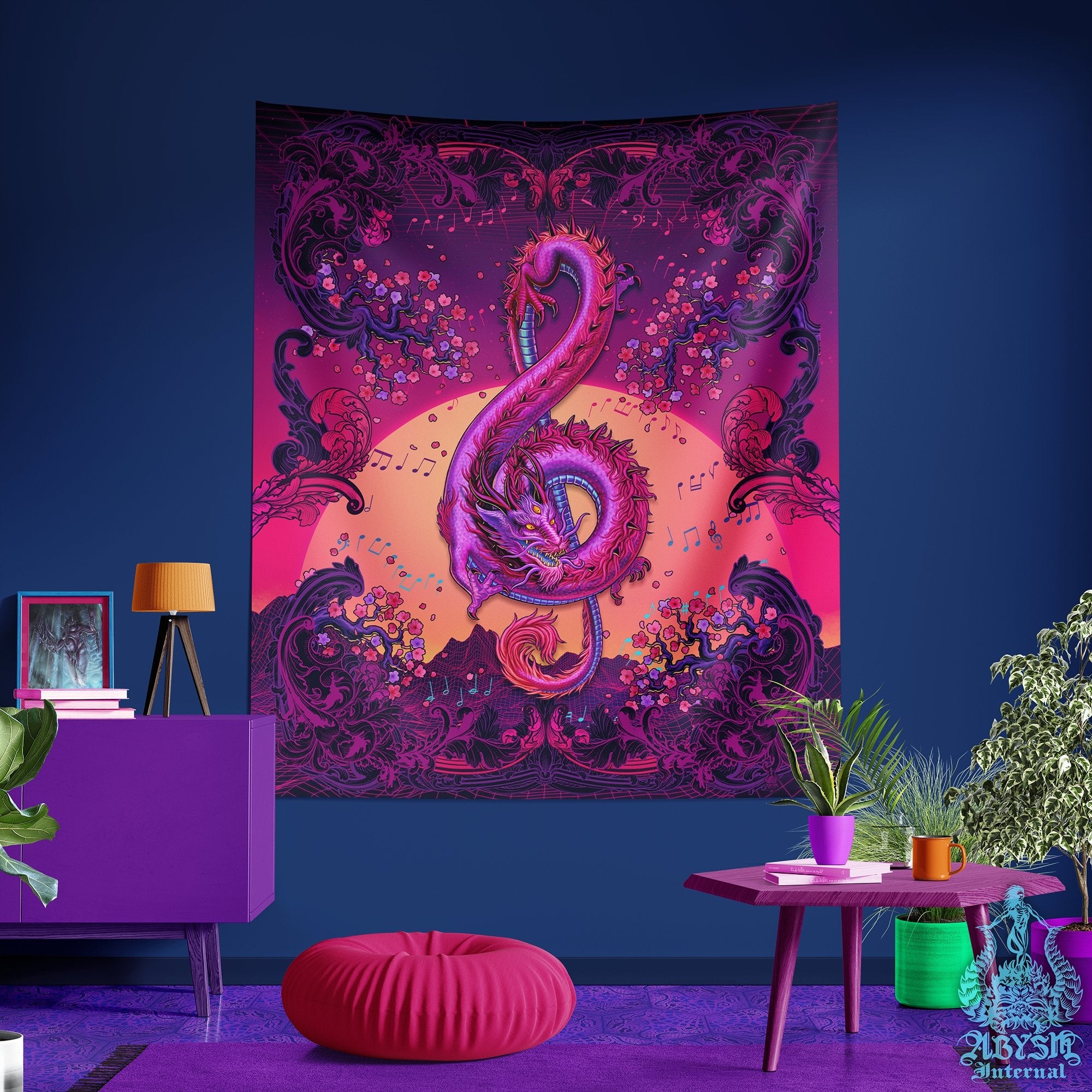 Psychedelic Dragon Tapestry, Vaporwave Wall Hanging, Retrowave 80s