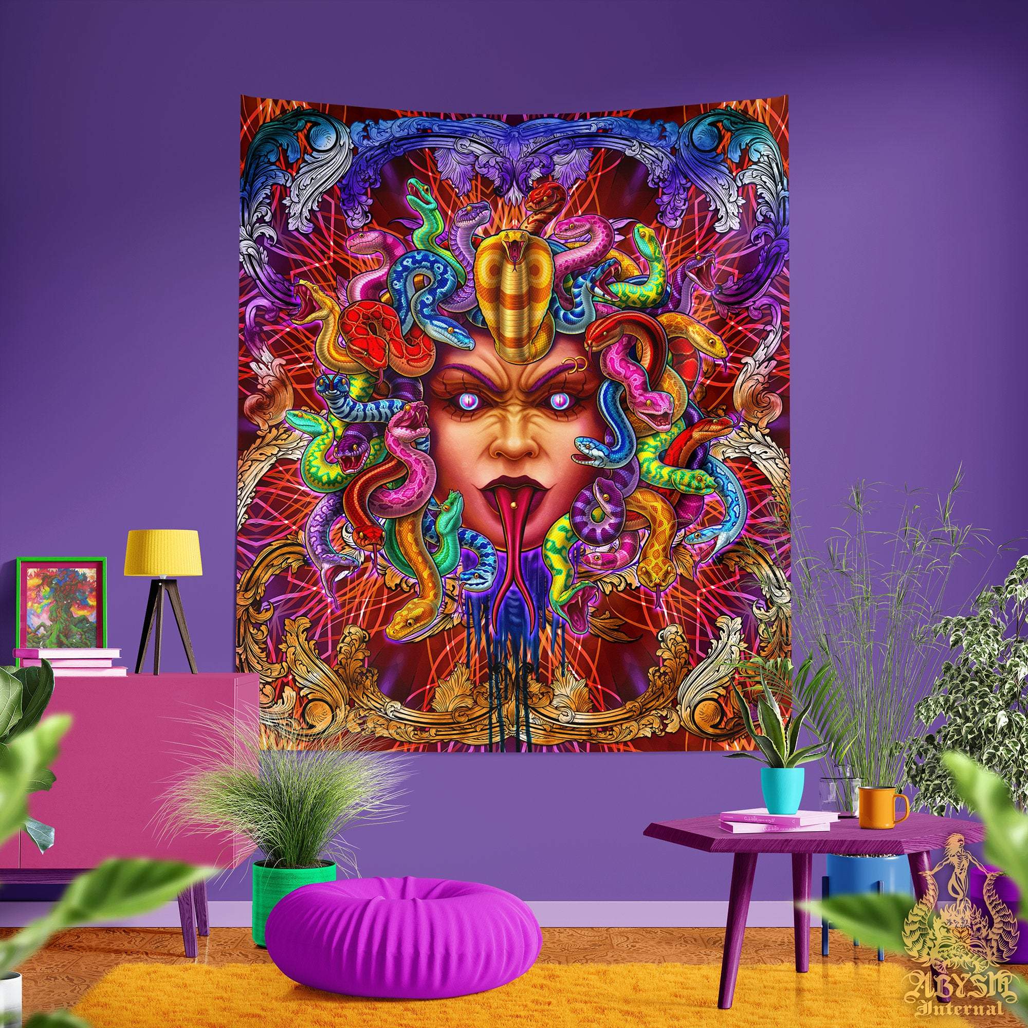 Psychedelic Tapestry, Psy Wall Hanging, Eclectic Home Decor, Vertical Art  Print - Rainbow Medusa & Snakes, 2 Faces