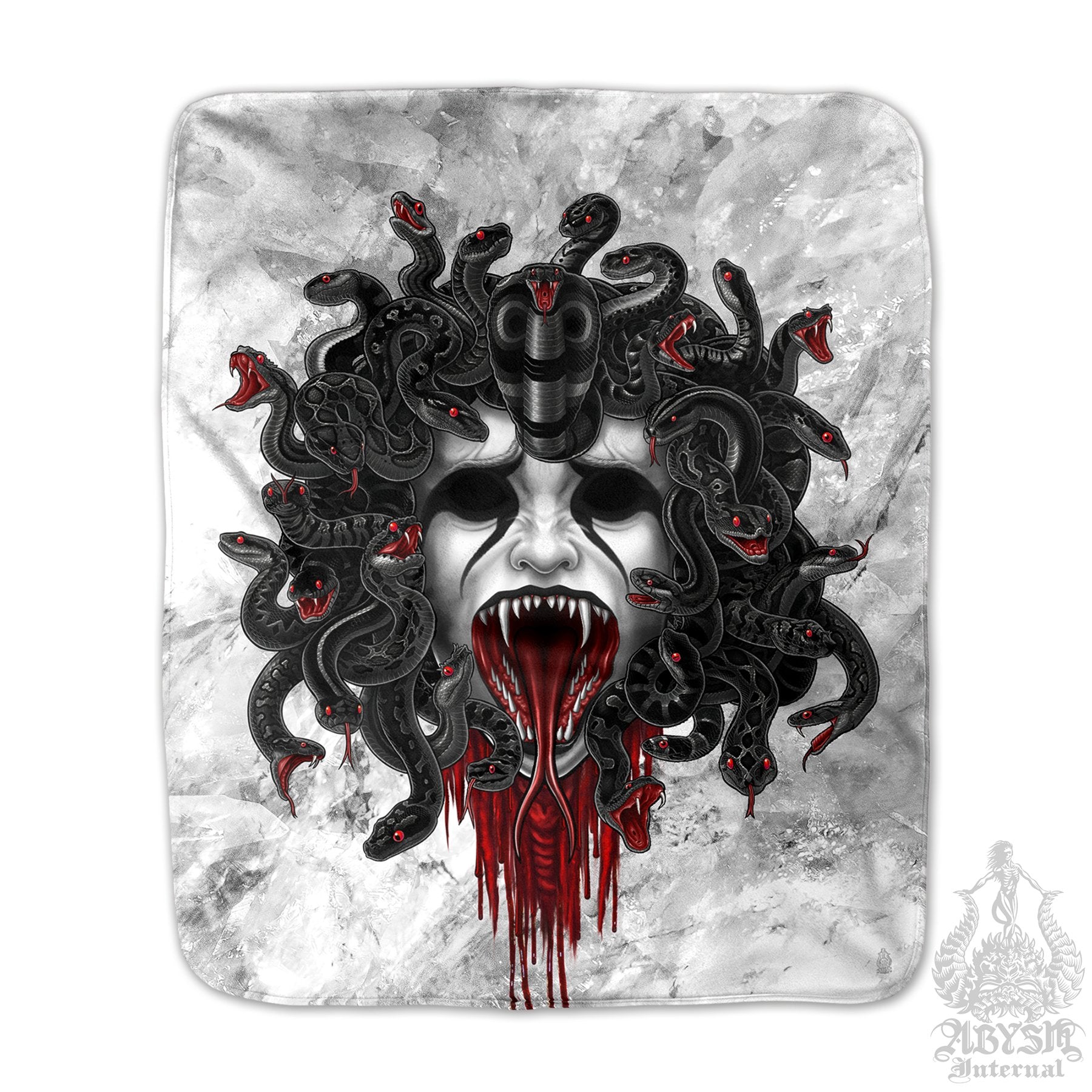 Skull Sherpa Fleece Throw Blanket, White Goth Home Decor, Alternative Art Gift - Medusa, 2 Faces & 3 Colors - Abysm Internal