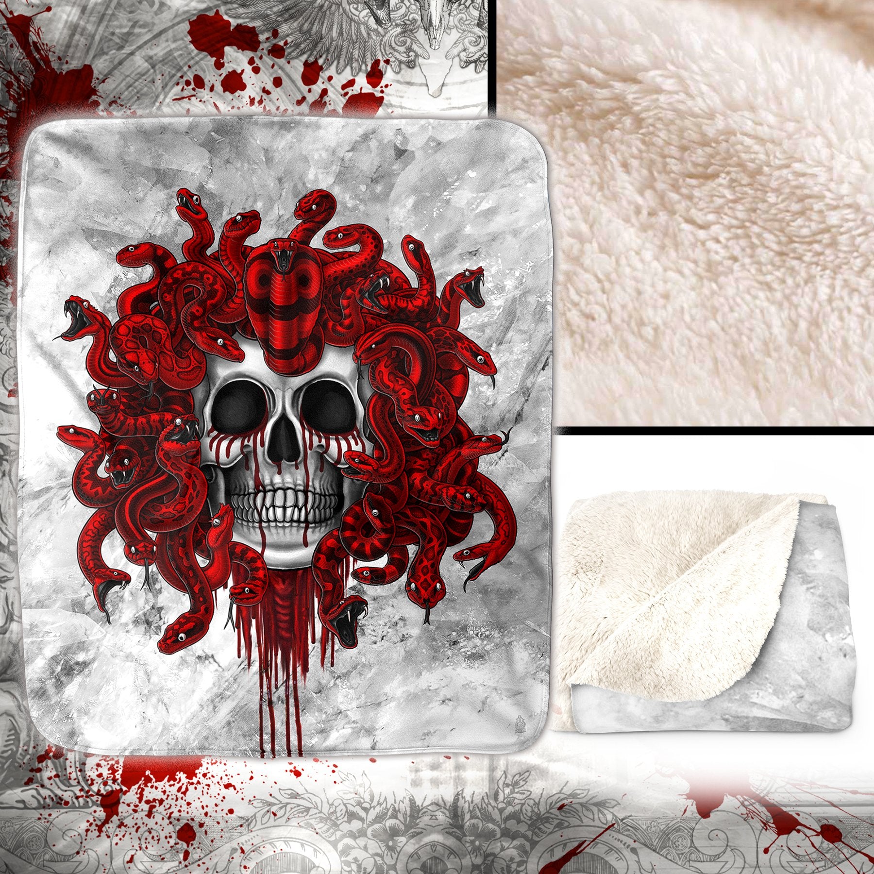 Skull Sherpa Fleece Throw Blanket, White Goth Home Decor, Alternative Art Gift - Medusa, 2 Faces & 3 Colors - Abysm Internal