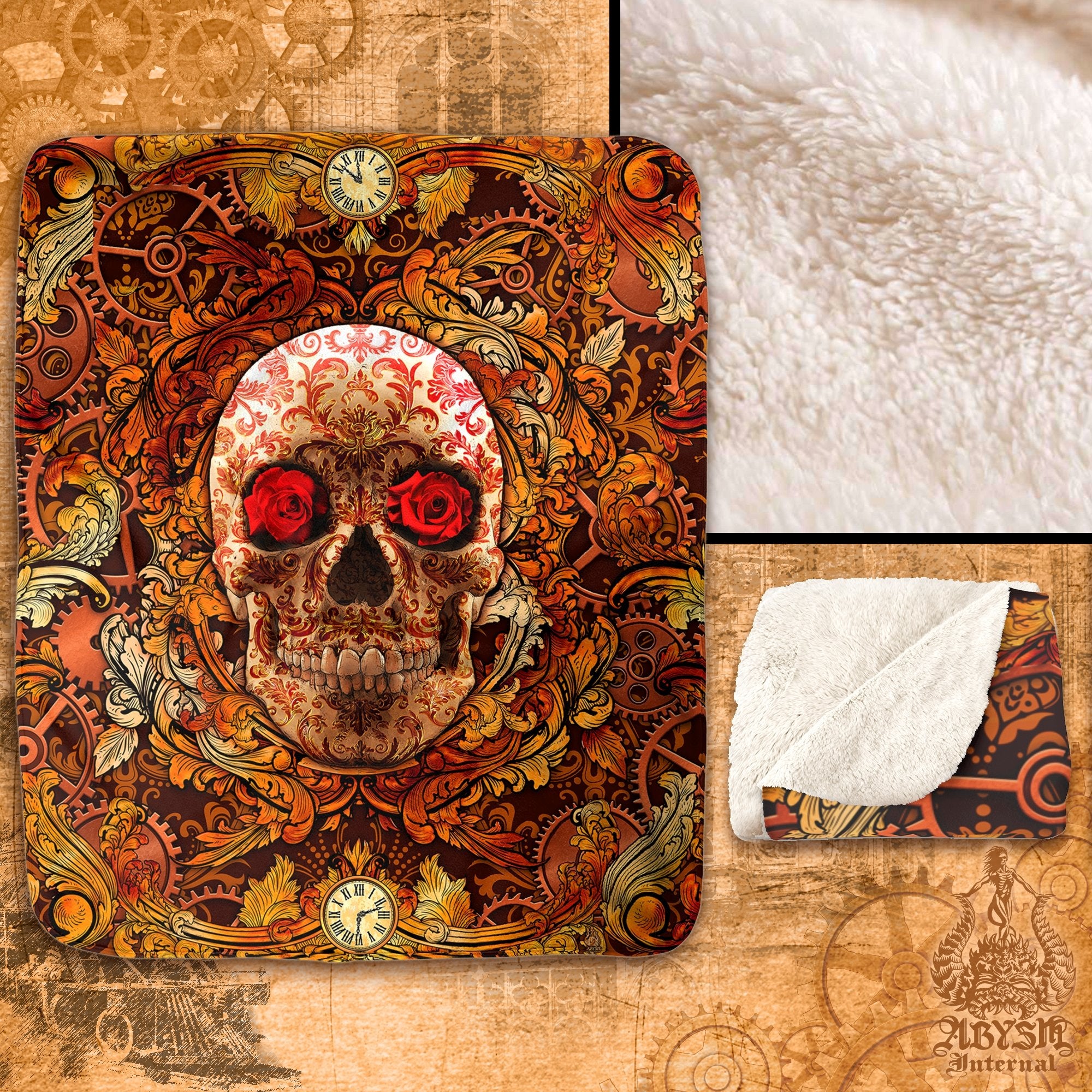 Steampunk Sherpa Fleece Throw Blanket, Macabre Art, Victorian Decor - Skull