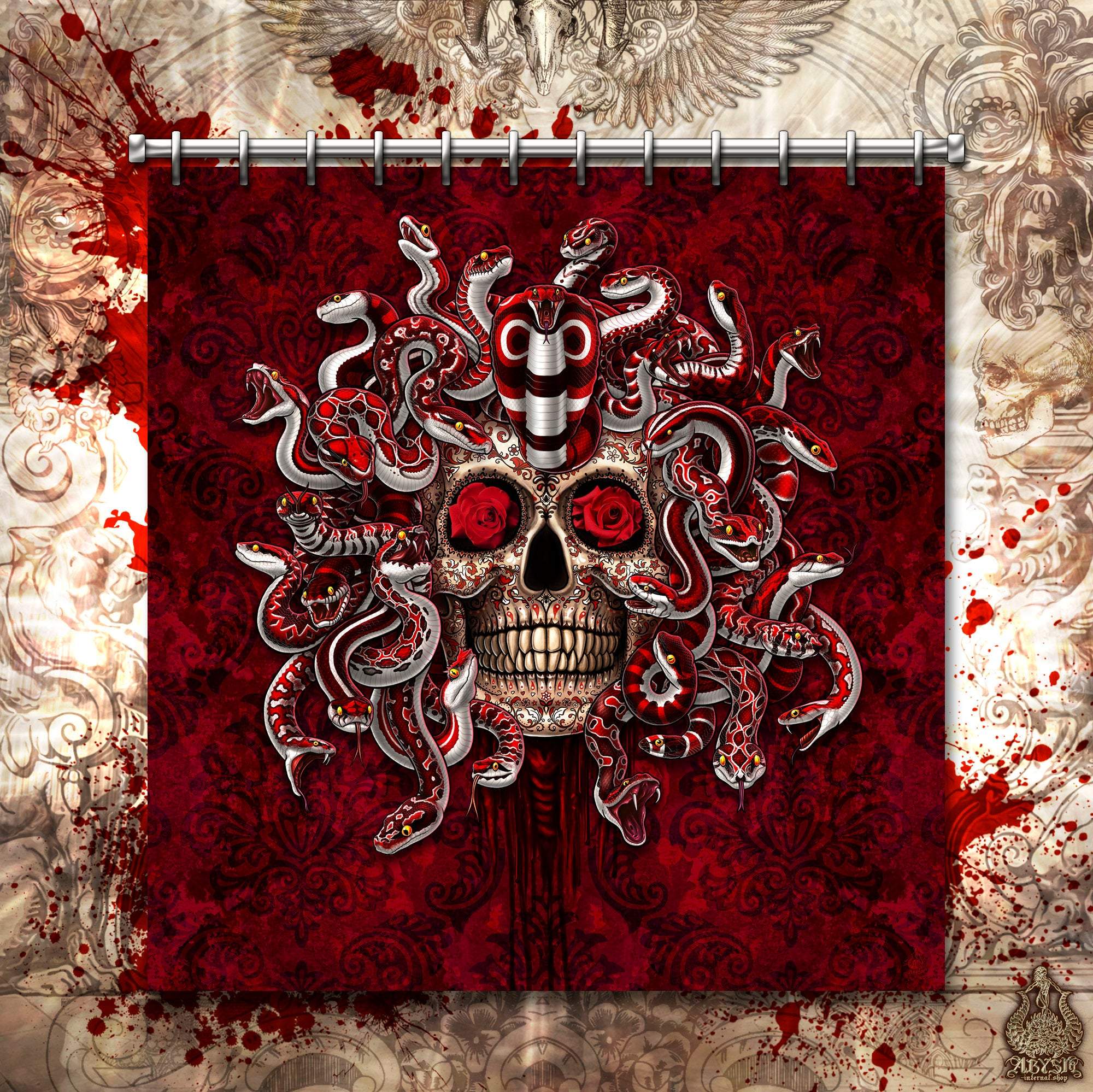 Sugar Skull Shower Curtain, Dia de los Muertos, Day of the Dead, Mexican, Gothic Bathroom Decor - Medusa, Red & White Snakes - Abysm Internal