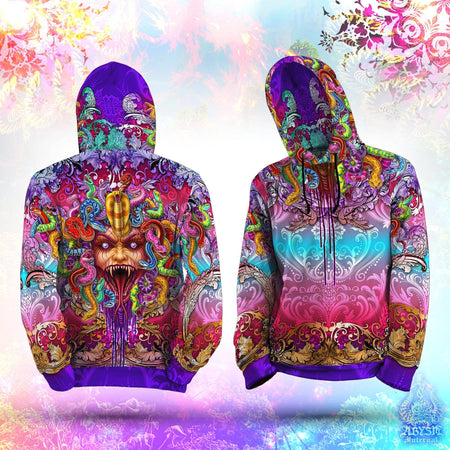 Trippy Hoodie Rave Outfit Party Pullover Psychedelic Streetwear Psy Festival Sweater Alternative Clothing Plus Size Unisex Medusa 2 Faces