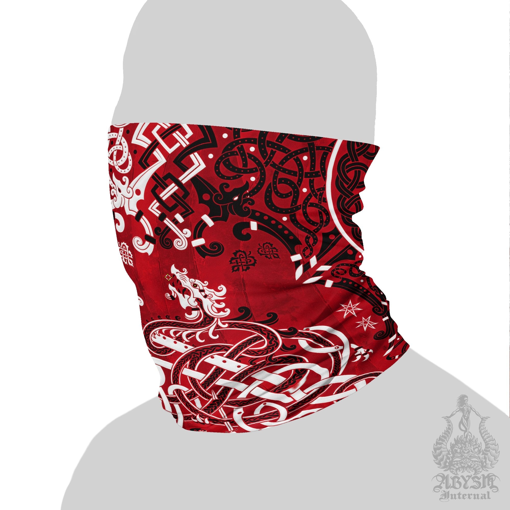Viking Neck Gaiter, Face Mask, Head Covering, Dragon Fafnir, Nordic Art - Bloody Red Goth - Abysm Internal