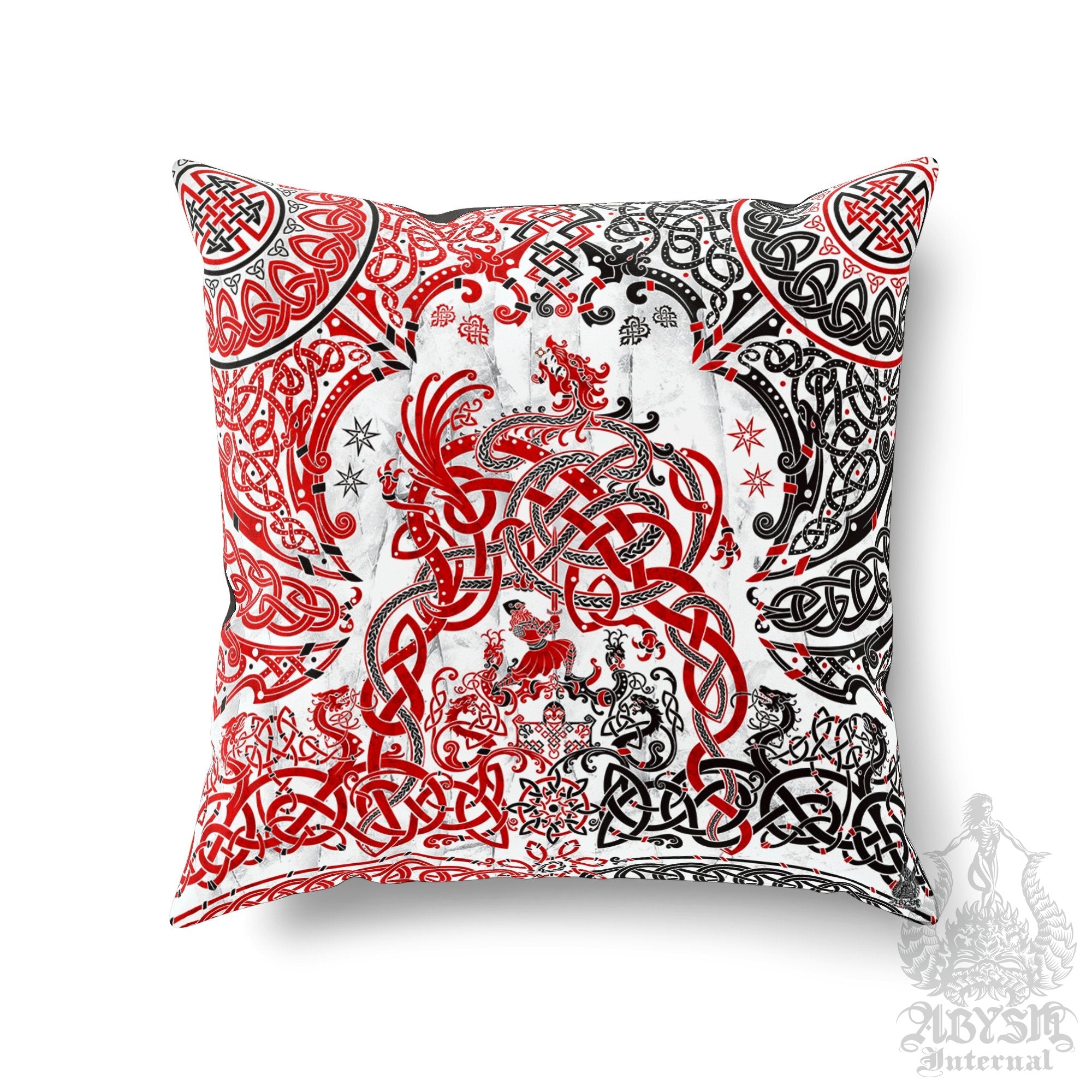 Viking Throw Pillow, Decorative Accent Cushion, Gamer Room Decor, Dragon Fafnir, Nordic Art, Alternative Home - Bloody White Goth - Abysm Internal