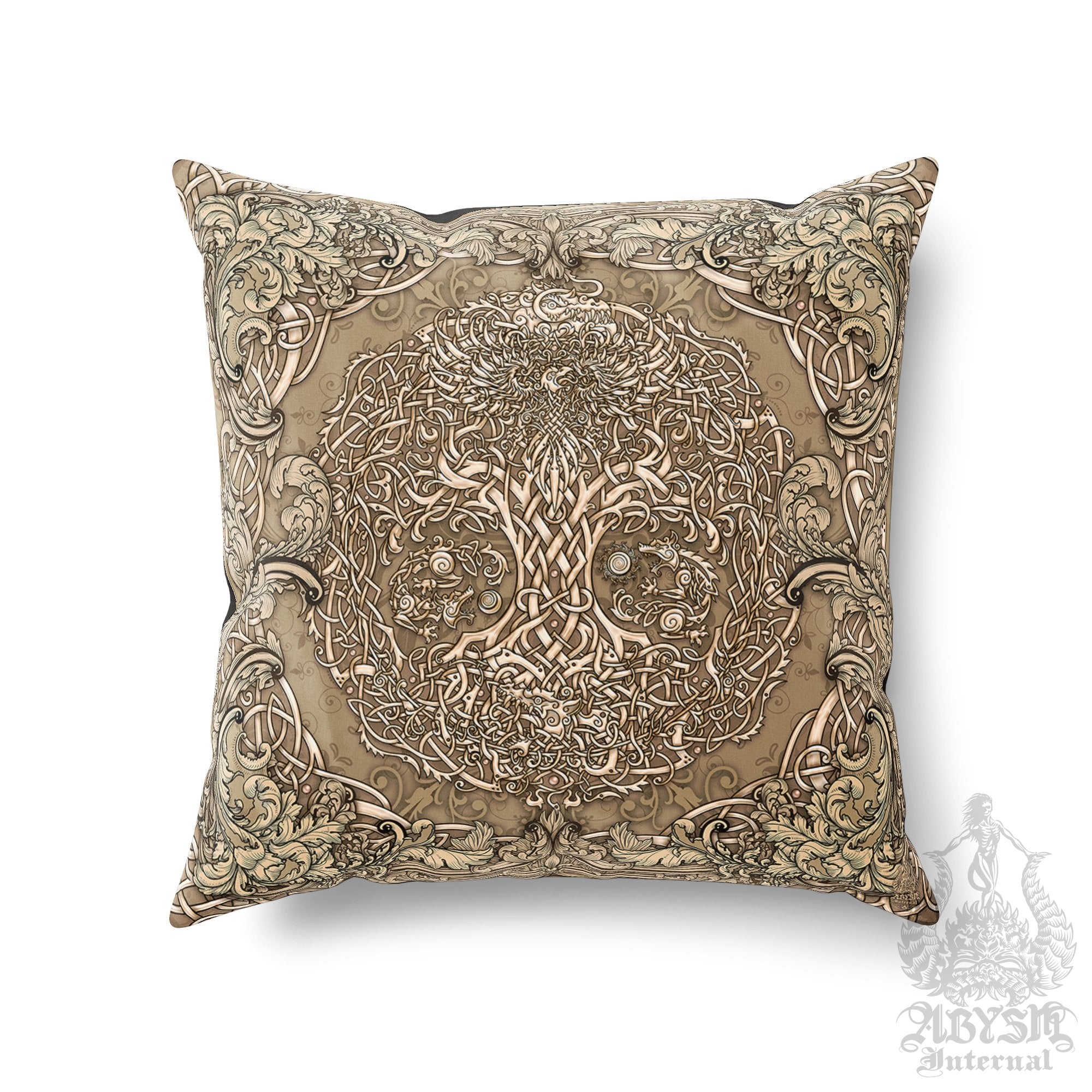 Viking Throw Pillow, Decorative Accent Cushion, Yggdrasil, Norse Decor, Nordic Art, Alternative, Funky and Eclectic Home - Tree of Life, Cream - Abysm Internal