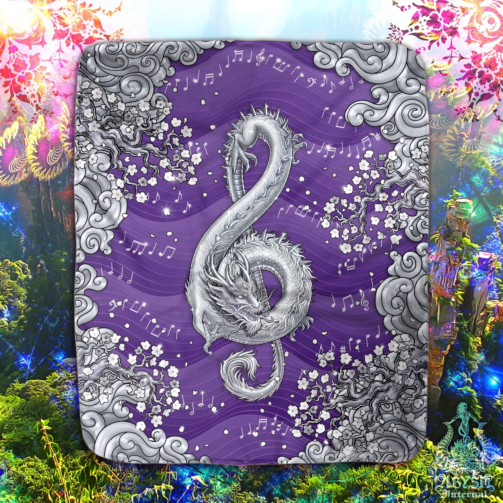 White Dragon Throw Fleece Blanket, Treble Clef, Music Art, Asian Decor, Eclectic and Funky Gift - Purple - Abysm Internal