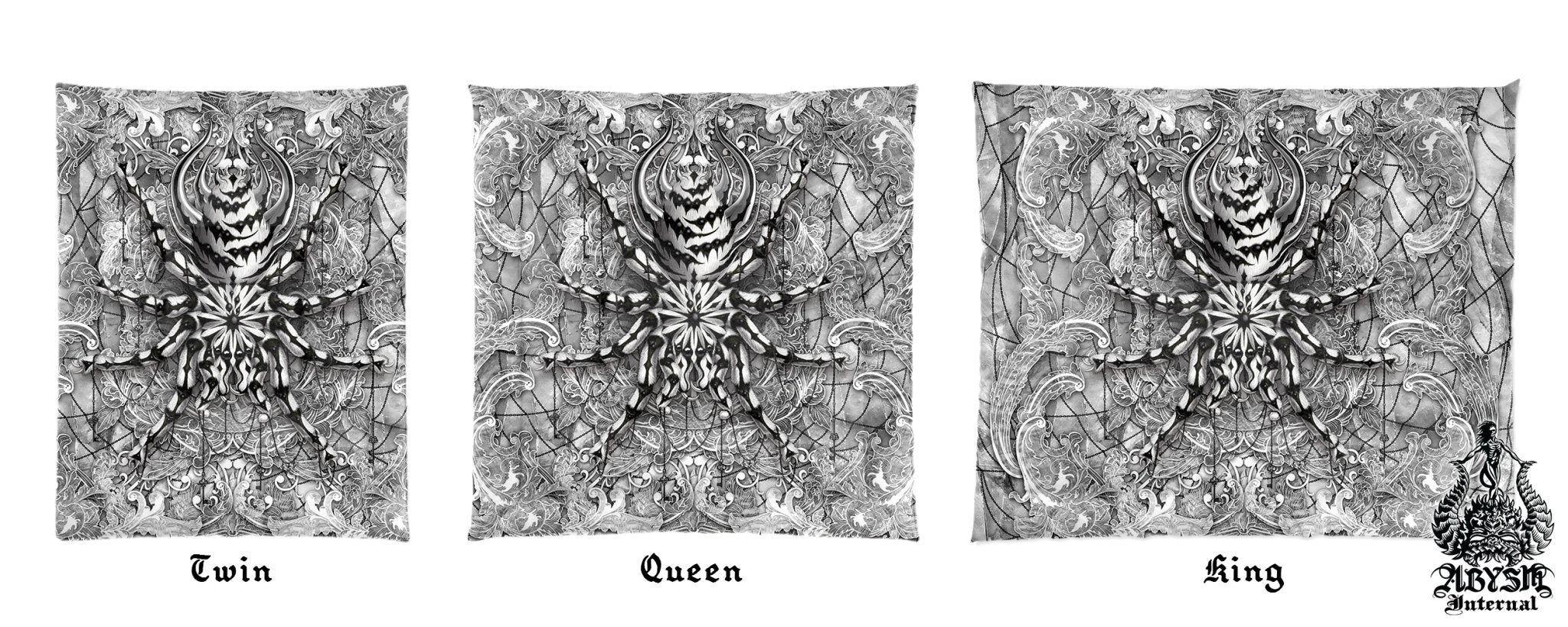 White Goth Bedding Set, Comforter and Duvet, Bed Cover and Bedroom Decor, King, Queen and Twin Size - Tarantula Spider, Stone - Abysm Internal